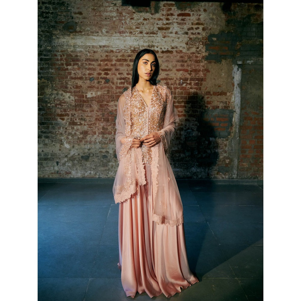 Asaga Rose Gold Mist Satin Organza Flared Sharara with Jacket and Dupatta (Set of 3)