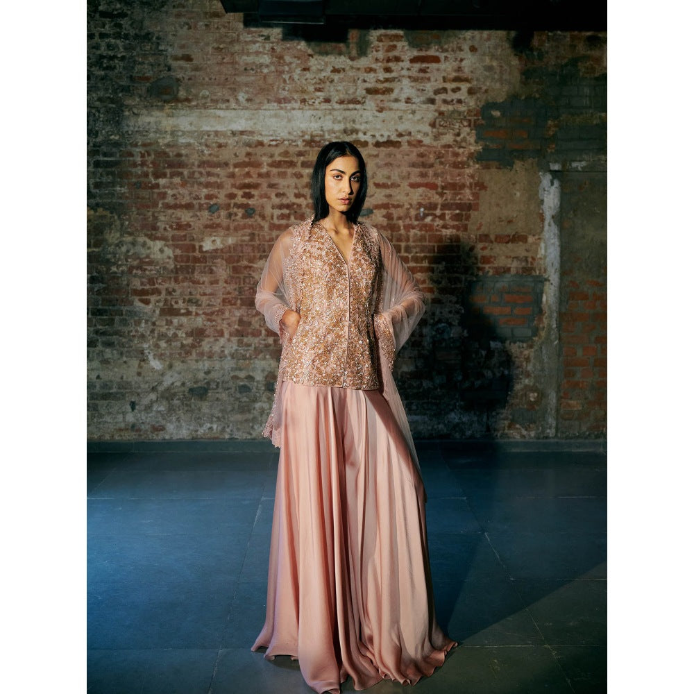 Asaga Rose Gold Mist Satin Organza Flared Sharara with Jacket and Dupatta (Set of 3)
