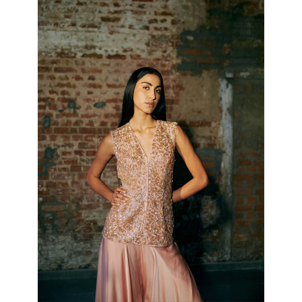 Asaga Rose Gold Mist Satin Organza Flared Sharara with Jacket and Dupatta (Set of 3)