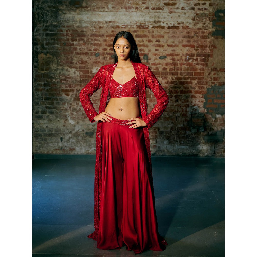 Asaga Red Bucky Blouse with Long Jacket and Palazzo (Set of 3)