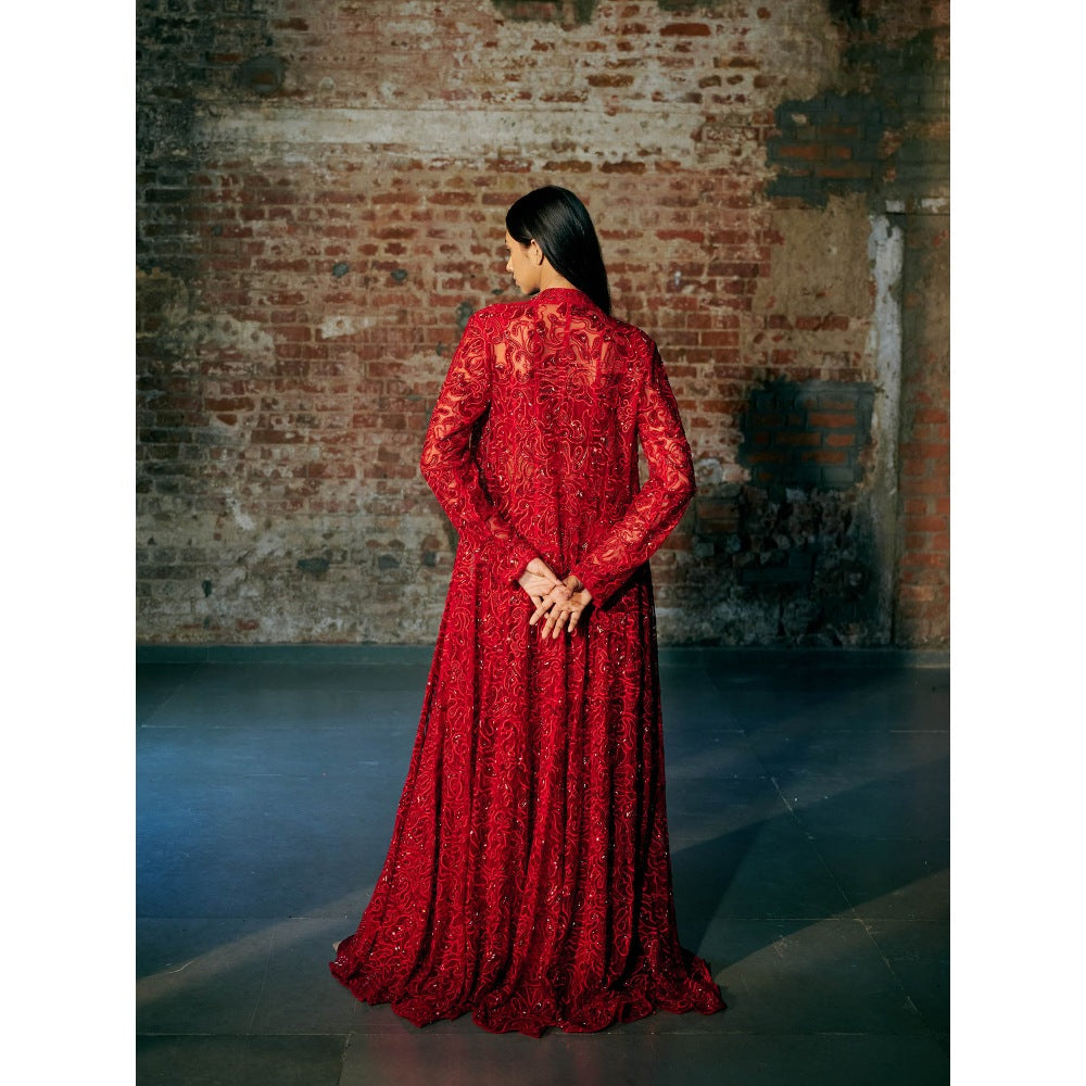 Asaga Red Bucky Blouse with Long Jacket and Palazzo (Set of 3)
