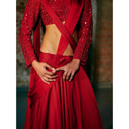 Asaga Drupe Tulle Full Sleeve Blouse with Draped Skirt (Set of 2)