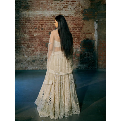 Asaga Ivory Swirl Tulle Blouse with Lehenga and Dupatta (Set of 3)