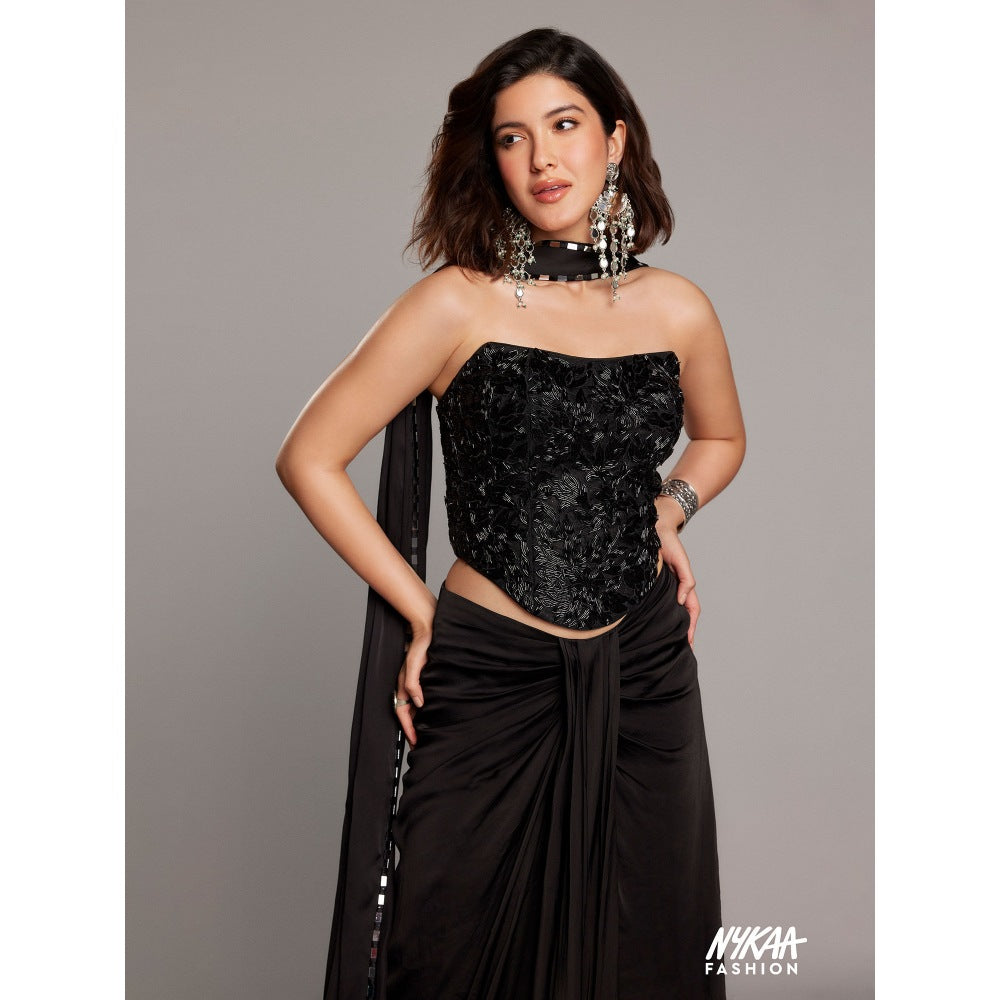 Asaga Black Flutter Tulle Blouse with Lehenga and Dupatta (Set of 3)