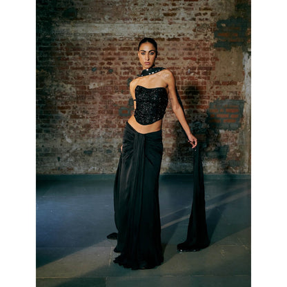 Asaga Black Flutter Tulle Blouse with Lehenga and Dupatta (Set of 3)