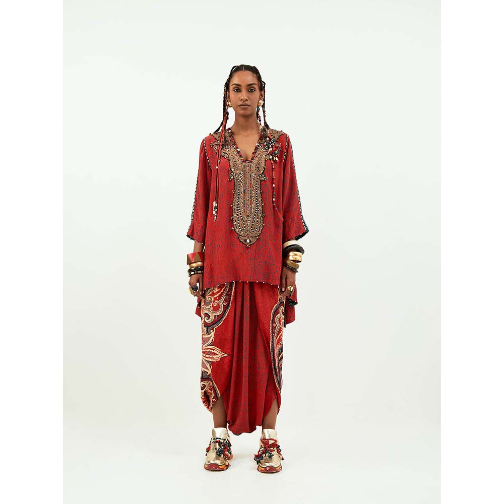 Aseem Kapoor Red Mitra Short Kurta with Dhoti (Set of 2)