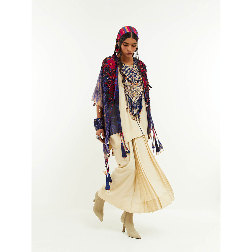 Aseem Kapoor Beige Veni Cape With Kurti And Skirt (Set of 3)