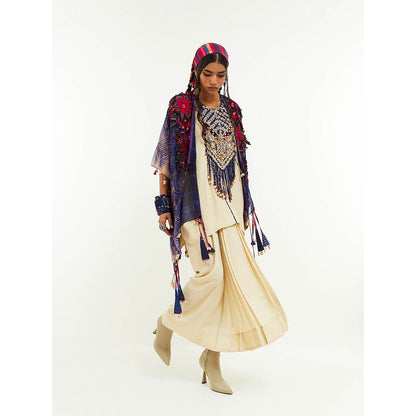 Aseem Kapoor Beige Veni Cape With Kurti And Skirt (Set of 3)