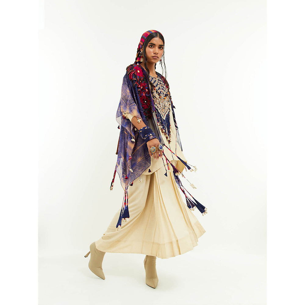 Aseem Kapoor Beige Veni Cape With Kurti And Skirt (Set of 3)