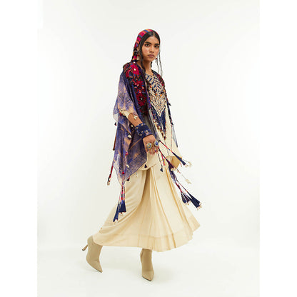 Aseem Kapoor Beige Veni Cape With Kurti And Skirt (Set of 3)