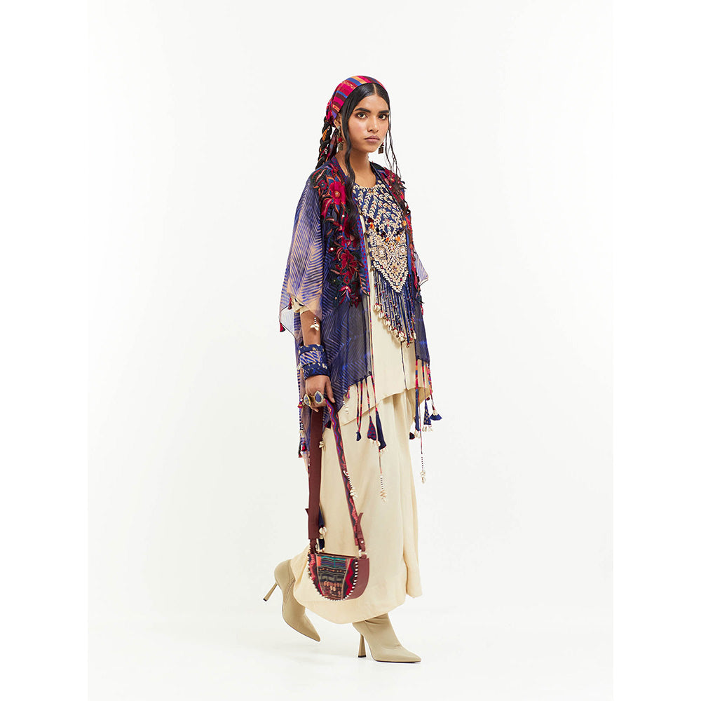 Aseem Kapoor Beige Veni Cape With Kurti And Skirt (Set of 3)