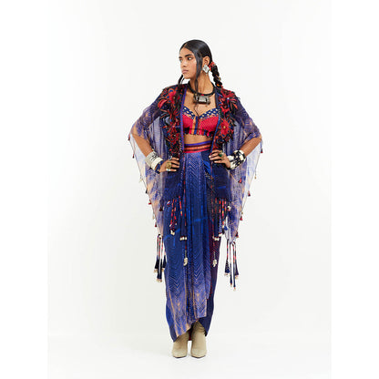 Aseem Kapoor Blue Veni Jacket With Blouse And Skirt (Set of 3)