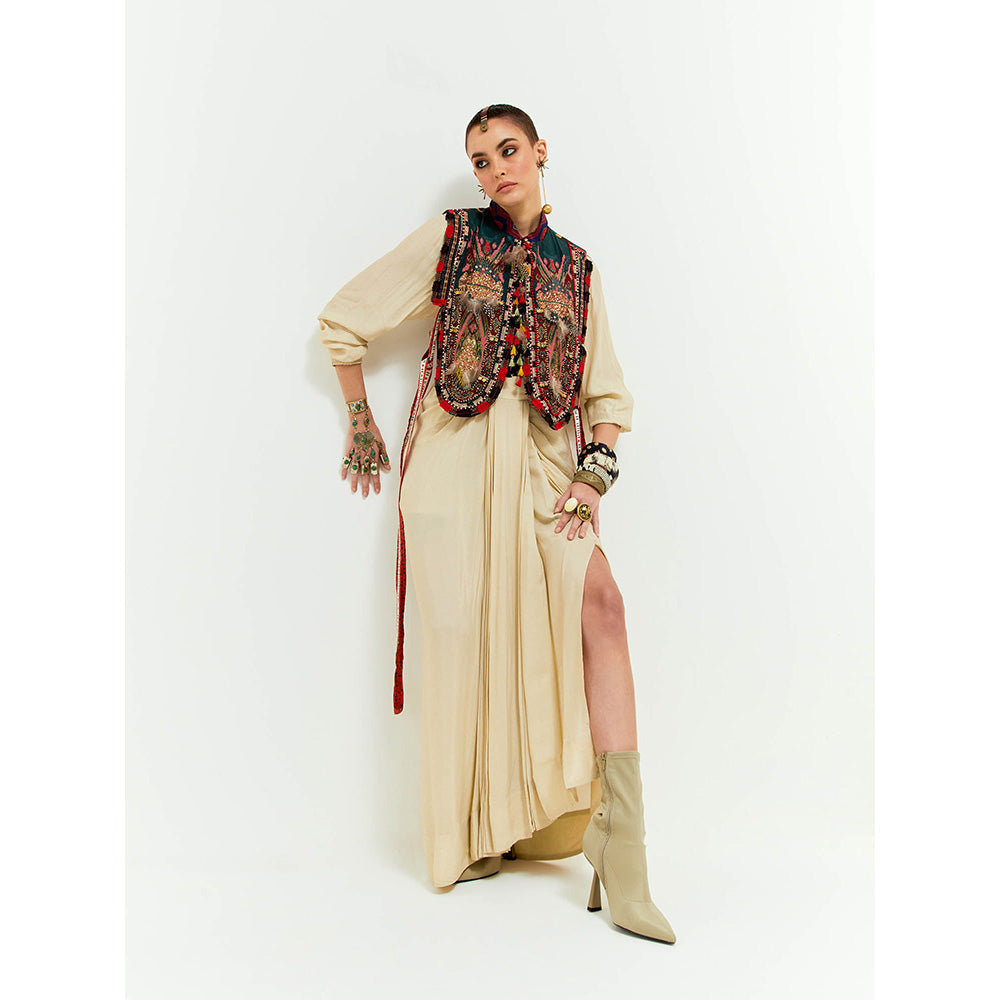 Aseem Kapoor Beige Zuri Gilet With Shirt And Skirt (Set of 3)