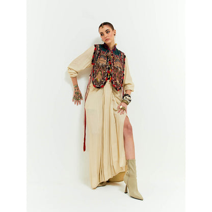 Aseem Kapoor Beige Zuri Gilet With Shirt And Skirt (Set of 3)