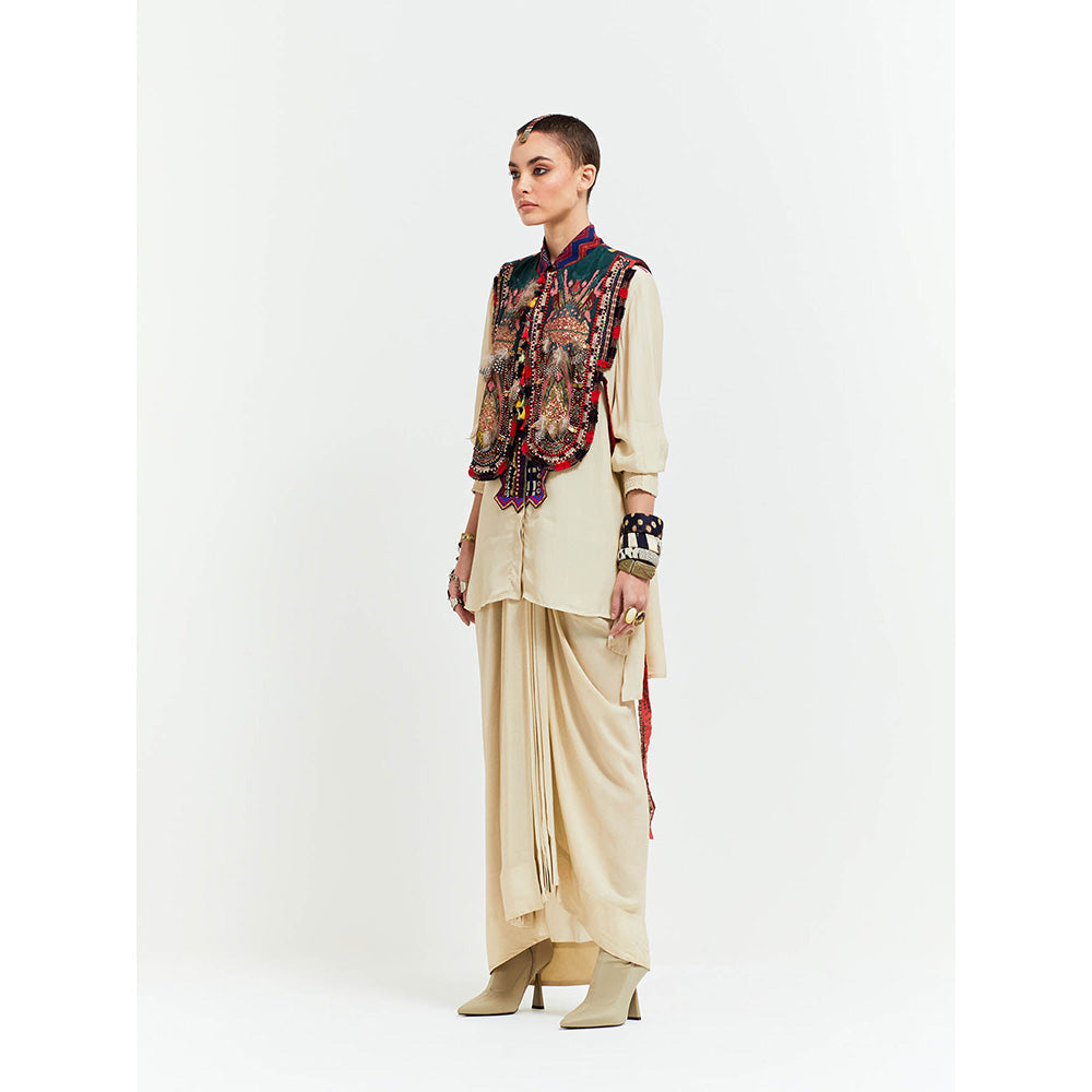 Aseem Kapoor Beige Zuri Gilet With Shirt And Skirt (Set of 3)