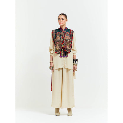 Aseem Kapoor Beige Zuri Gilet With Shirt And Palazzo (Set of 3)