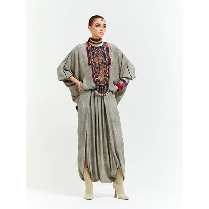 Aseem Kapoor Grey Kuru Trapeze Kurta With Draped Trouser (Set of 2)