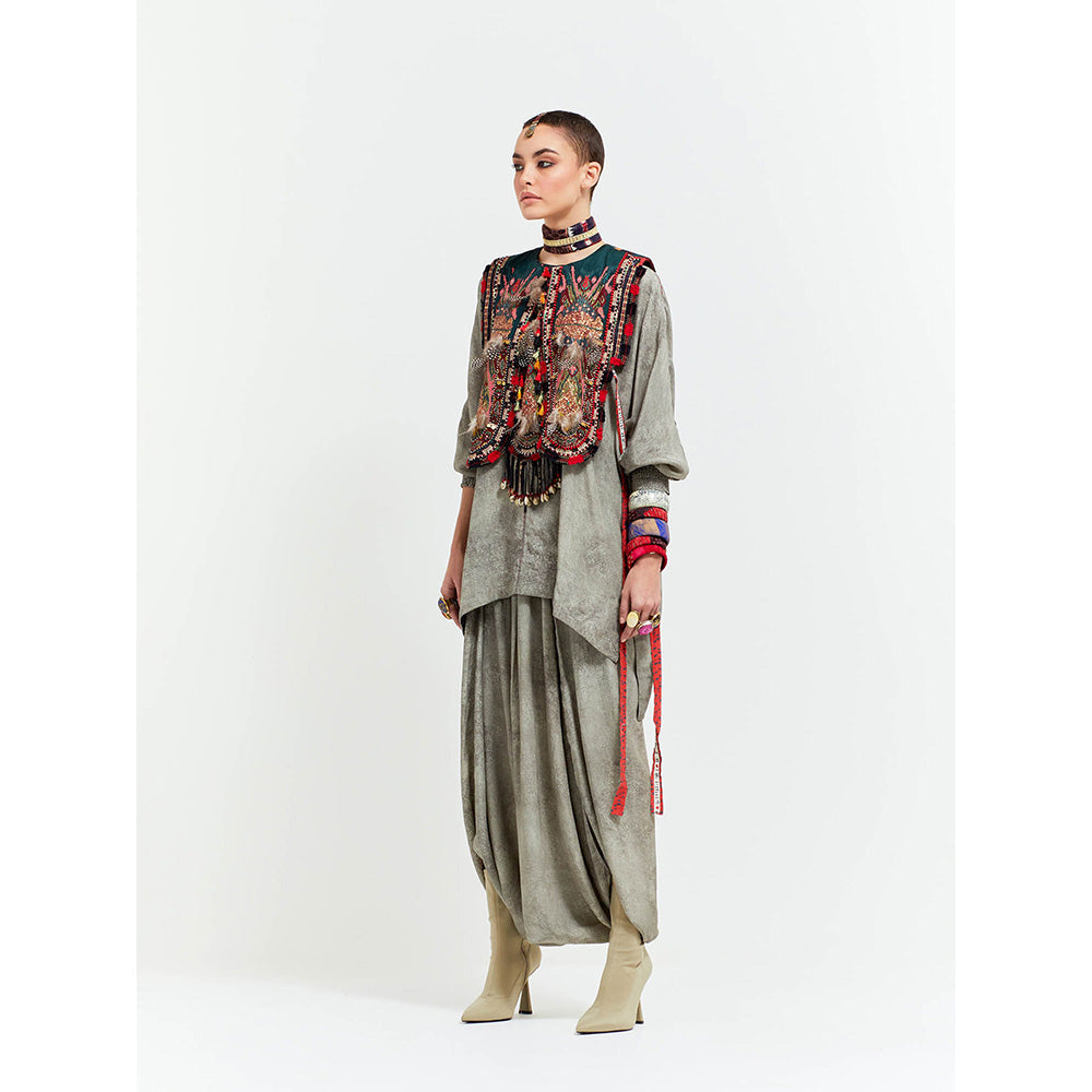 Aseem Kapoor Grey Zuri Gilet With Kurta And Draped Trouser (Set of 3)