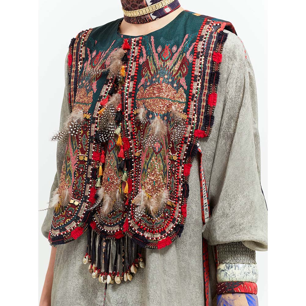 Aseem Kapoor Grey Zuri Gilet With Kurta And Draped Trouser (Set of 3)