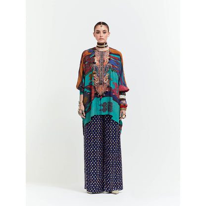 Aseem Kapoor Blue Kuru Trapeze Kurta With Pant (Set of 2)