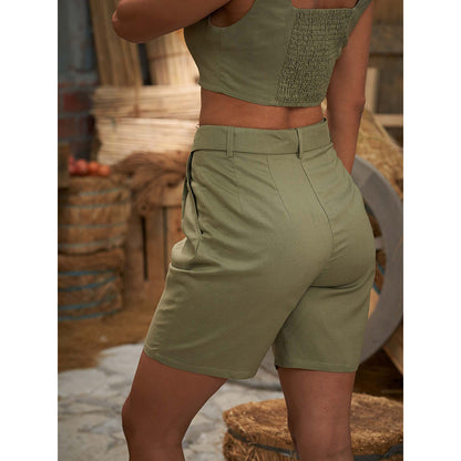 ASHITA FERNANDES Women Green Linen Blend Shorts with Belt