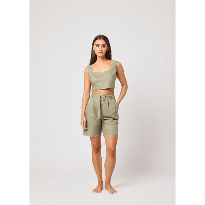 ASHITA FERNANDES Women Green Linen Blend Top with Shorts (Set of 2)