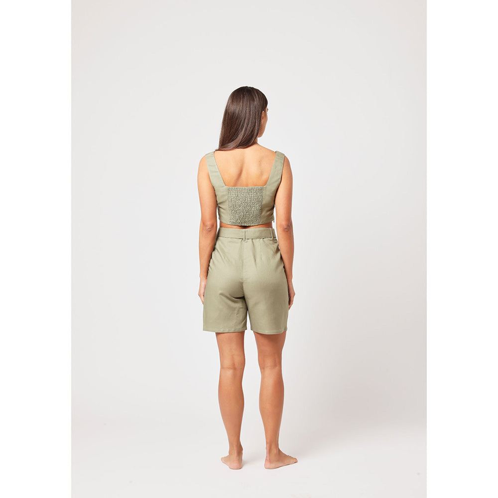 ASHITA FERNANDES Women Green Linen Blend Top with Shorts (Set of 2)