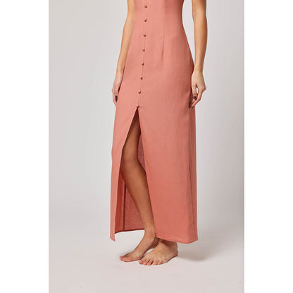 ASHITA FERNANDES Women Peach Premium Linen Maxi-Length Button-Down Dress