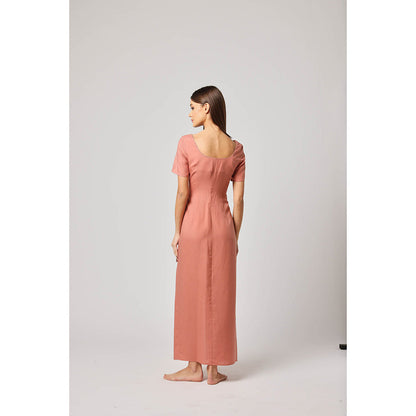 ASHITA FERNANDES Women Peach Premium Linen Maxi-Length Button-Down Dress