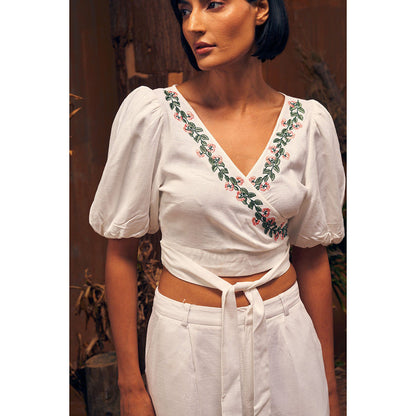 ASHITA FERNANDES Women White Embroidered Faux Wrap Front Crop Top