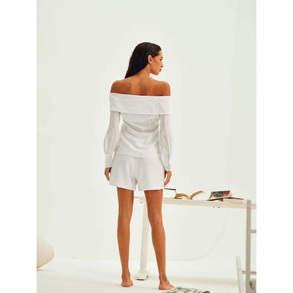 ASHITA FERNANDES Women Off-Shoulder Embroidered White Linen Top