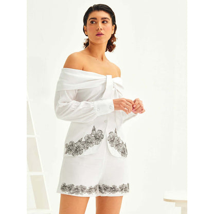 ASHITA FERNANDES Women Off-Shoulder Embroidered White Linen Top