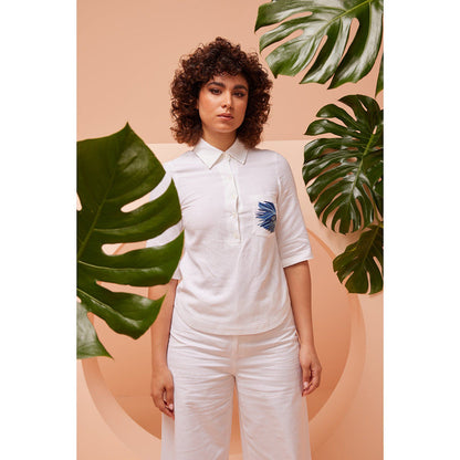 ASHITA FERNANDES Women Nature In White Embroidered Henley Top