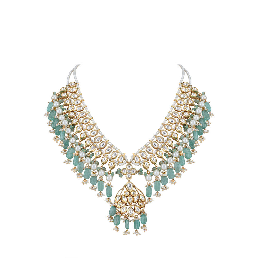 Auraa Trends 22KT Gold Plated Kundan Classic Blue Beads Necklace Set