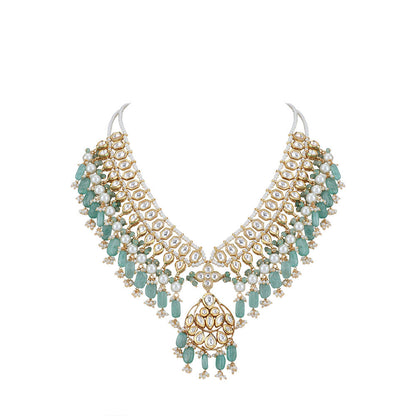 Auraa Trends 22KT Gold Plated Kundan Classic Blue Beads Necklace Set