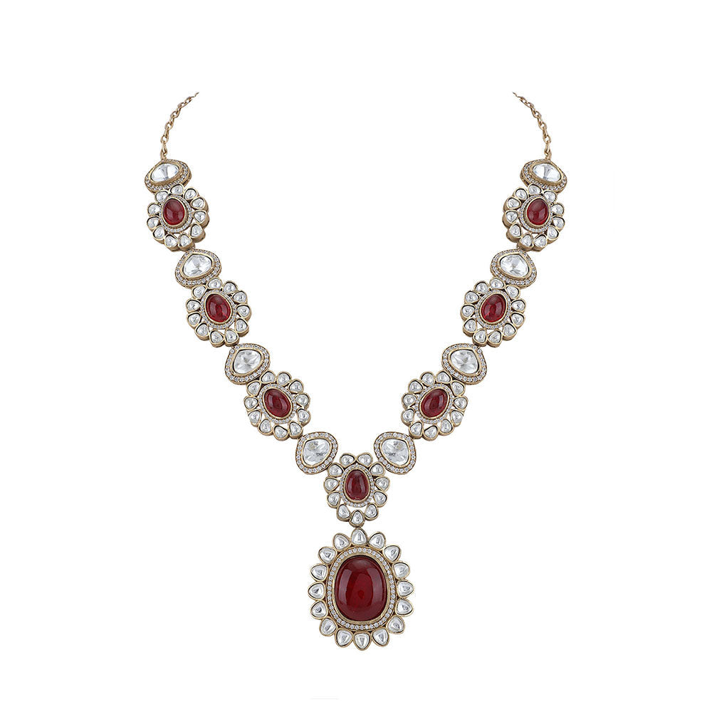 Auraa Trends 22KT Gold Plated Kundan Classic Red Necklace Set