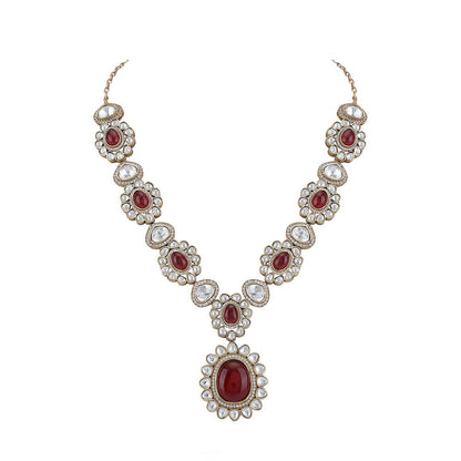 Auraa Trends 22KT Gold Plated Kundan Classic Red Necklace Set