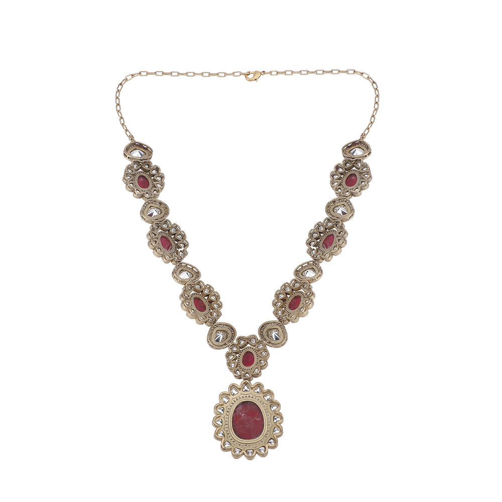 Auraa Trends 22KT Gold Plated Kundan Classic Red Necklace Set