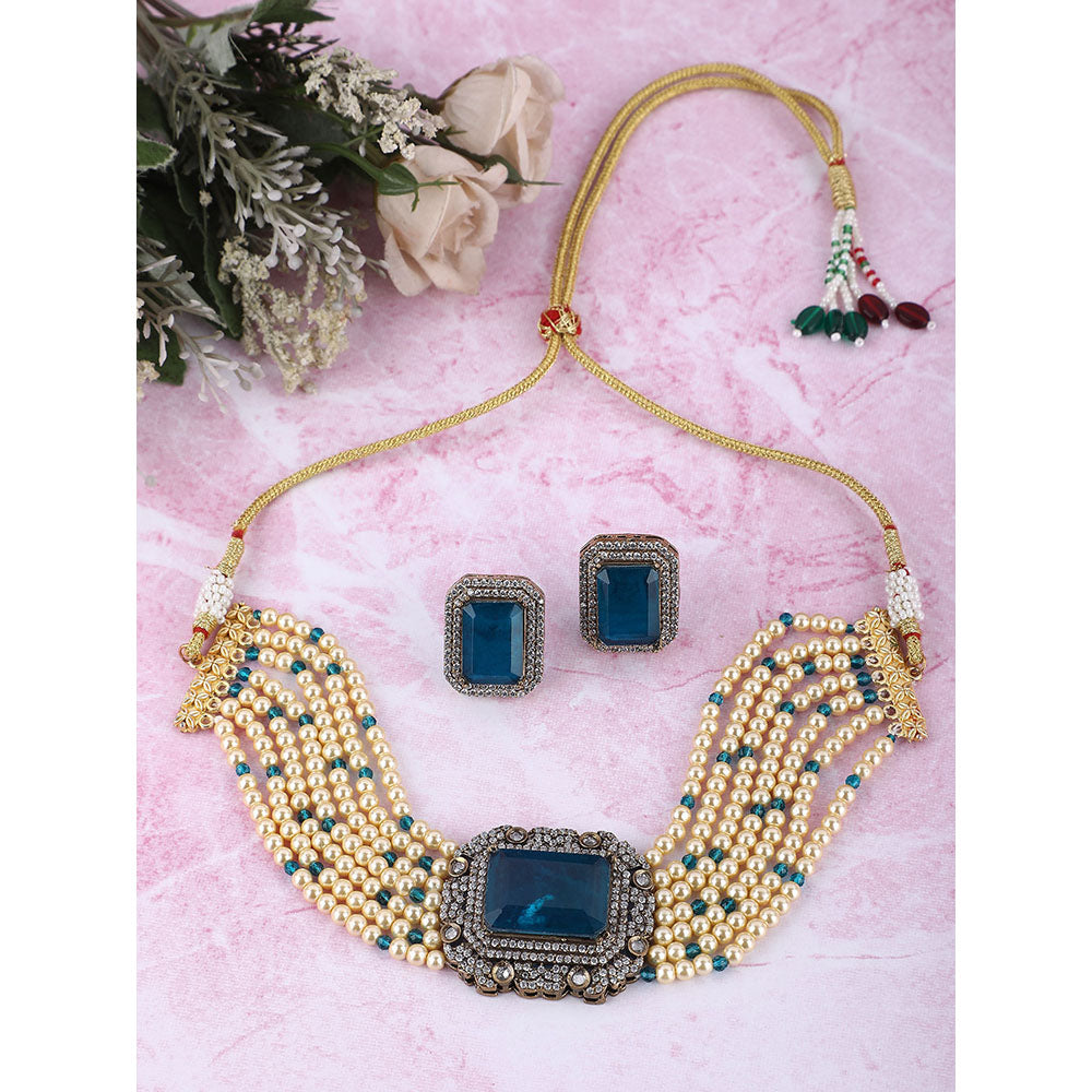 Auraa Trends 22KT Gold Plated Kundan Elegant Blue Choker Necklace Set