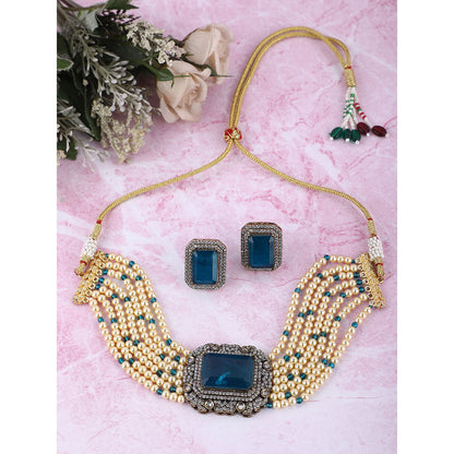 Auraa Trends 22KT Gold Plated Kundan Elegant Blue Choker Necklace Set