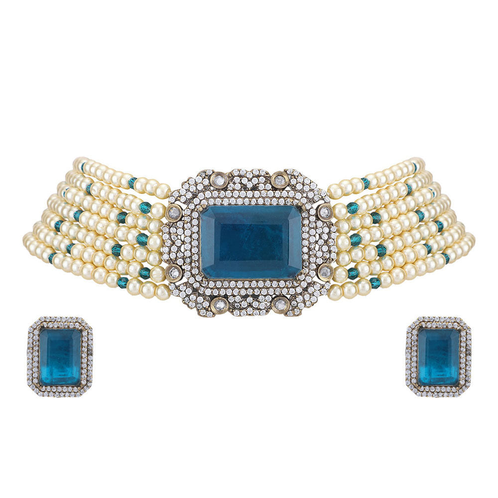 Auraa Trends 22KT Gold Plated Kundan Elegant Blue Choker Necklace Set