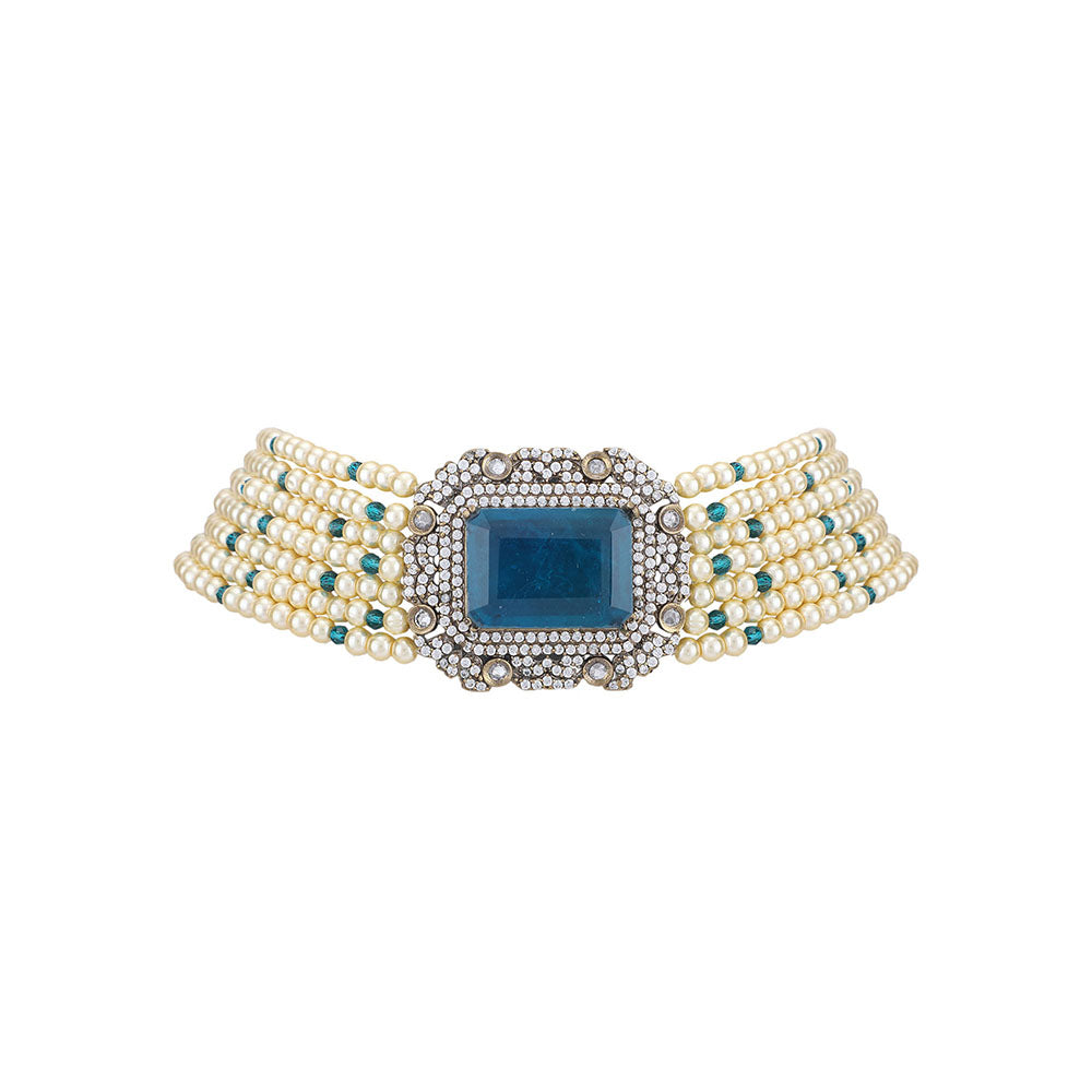 Auraa Trends 22KT Gold Plated Kundan Elegant Blue Choker Necklace Set