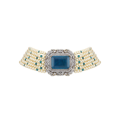 Auraa Trends 22KT Gold Plated Kundan Elegant Blue Choker Necklace Set