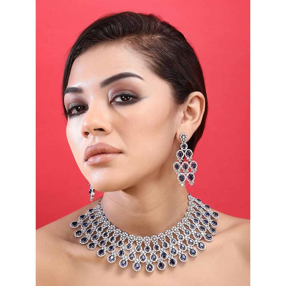 Auraa Trends Rhodium Plated American Diamond Zircon Blue Necklace Set