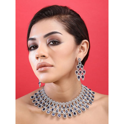 Auraa Trends Rhodium Plated American Diamond Zircon Blue Necklace Set