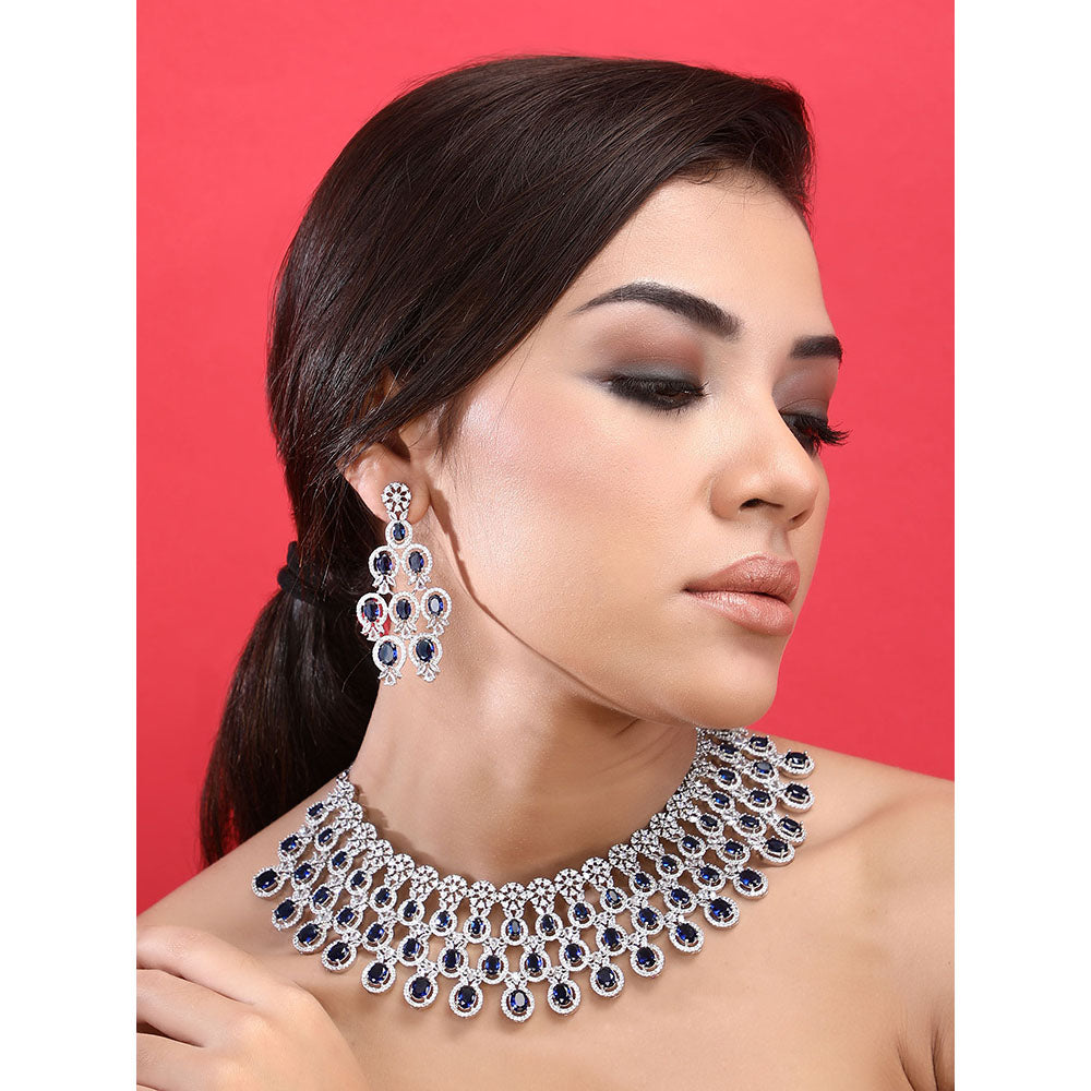 Auraa Trends Rhodium Plated American Diamond Zircon Blue Necklace Set