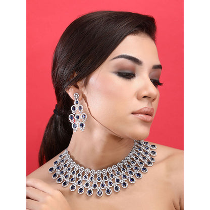 Auraa Trends Rhodium Plated American Diamond Zircon Blue Necklace Set