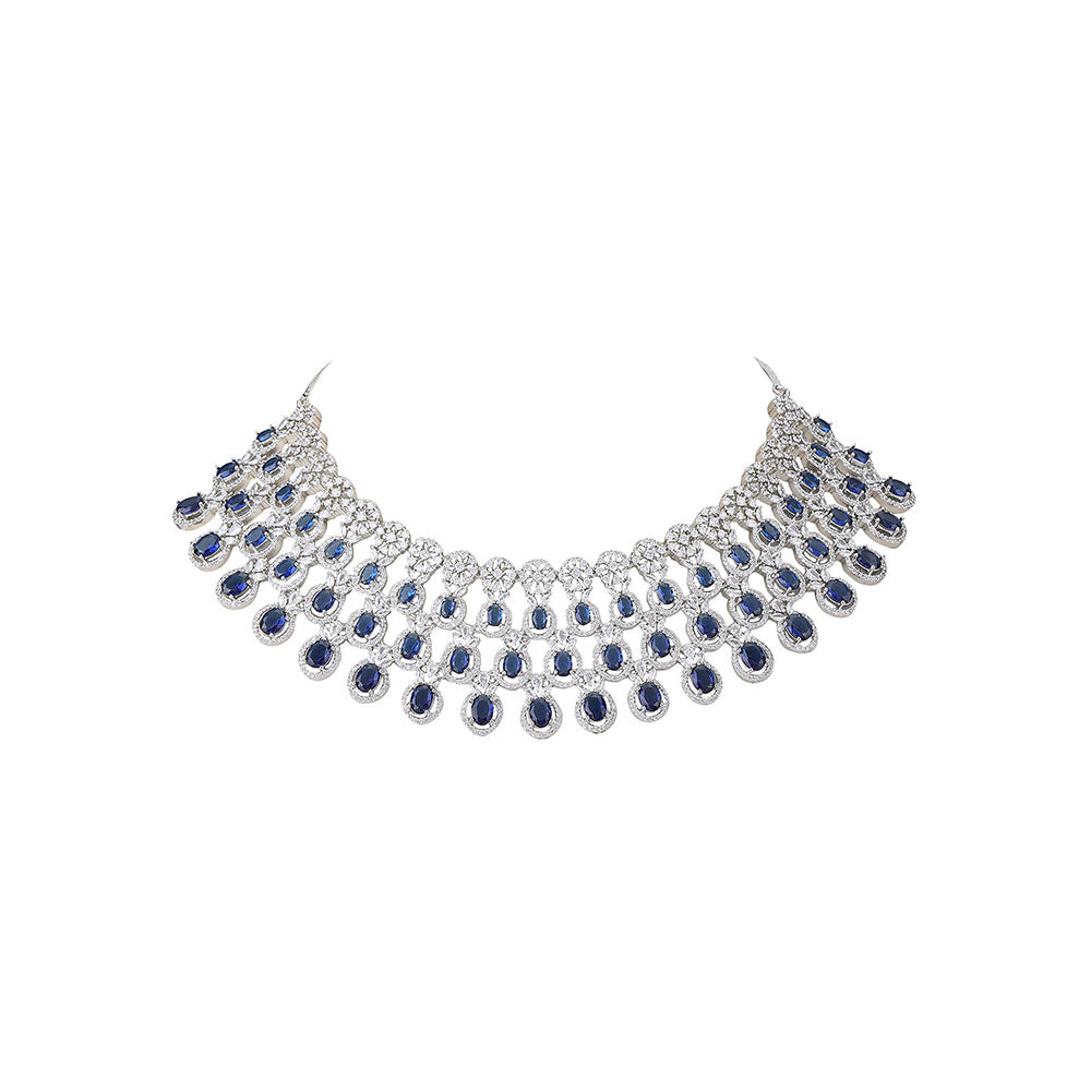 Auraa Trends Rhodium Plated American Diamond Zircon Blue Necklace Set