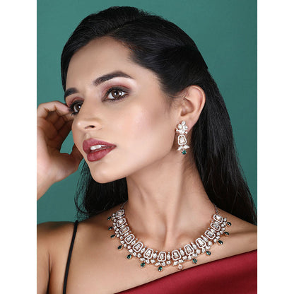 Auraa Trends Rhodium Plated American Diamond Zircon Green Necklace Set For Women & Girls