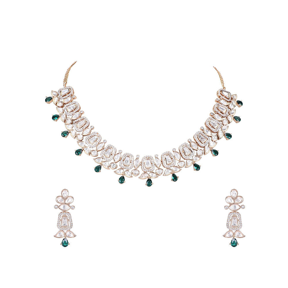Auraa Trends Rhodium Plated American Diamond Zircon Green Necklace Set For Women & Girls